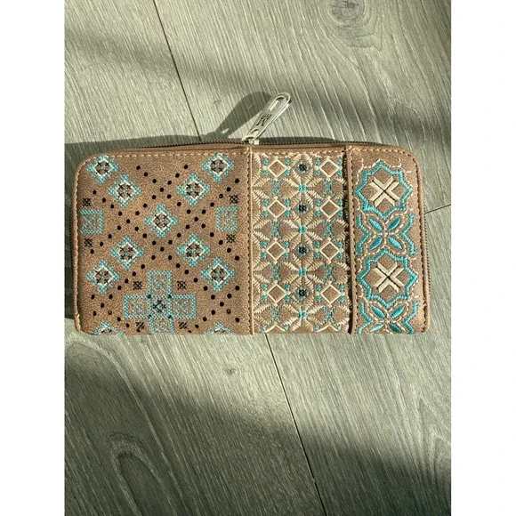 Montana West Brown & Turquoise Embroidered Studded Hobo Purse Wallet Set - Picture 8 of 10